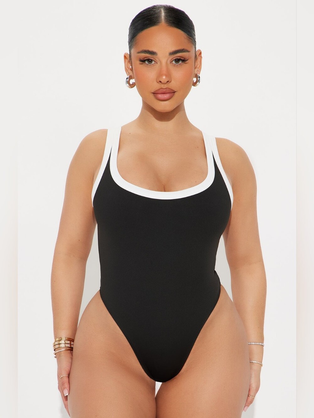 Fashion Nova GRACE Black And White Contrast Combo Compression Bodysuut SZ LG